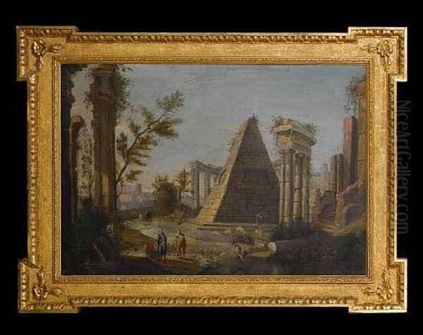 A Capriccio Of Classical Roman Ruins Oil Painting by Francesco Battaglioli