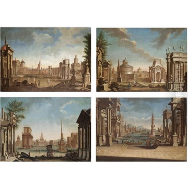 A Capriccio View Of A Mediterranean Harbour (set Of 4) Oil Painting by Francesco Battaglioli