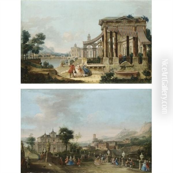 Veduta Ideata Di Una Villa Con Due Dame E Un Gentiluomo Davanti A Un Porticato (+ Veduta Ideata Di Un Palazzo Sul Mare Con Eleganti Figure In Un Giardino; Pair) Oil Painting by Francesco Battaglioli