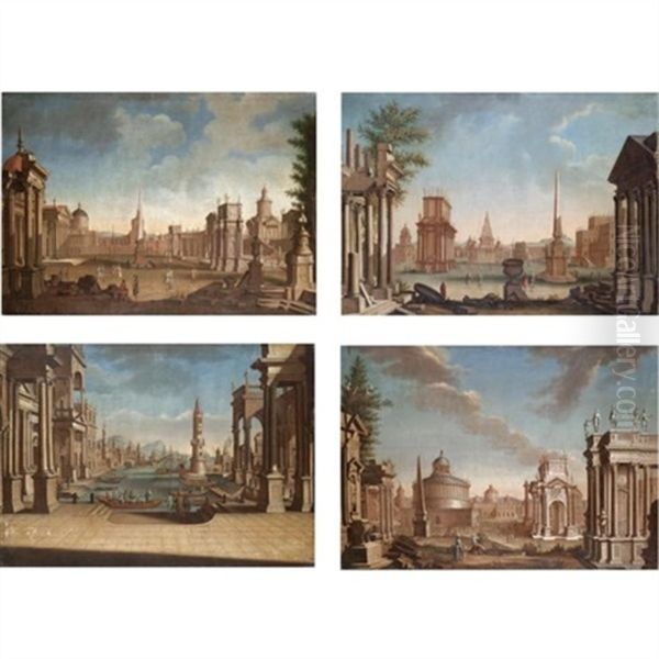 A Capriccio View Of A Mediterranean Harbour (+ 3 Others; 4 Works) Oil Painting by Francesco Battaglioli