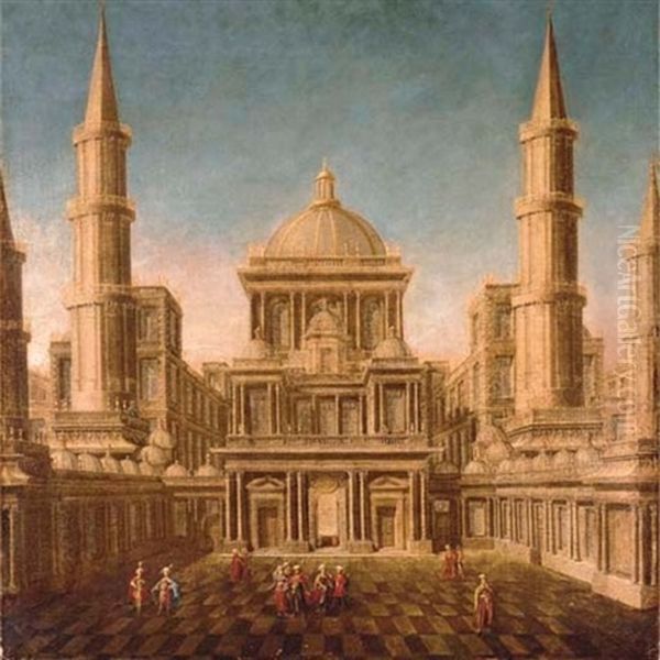 A Stylised Islamic Building With Figures - Scene From An Opera Seria Oil Painting by Francesco Battaglioli