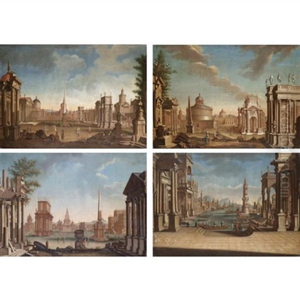 A Capriccio View Of A Mediterranean Harbour (+ 3 Others; 4 Works) Oil Painting by Francesco Battaglioli