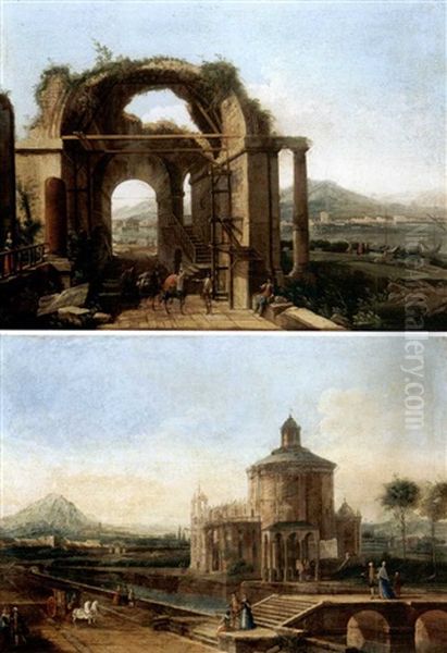 Veduta Del Brenta Con Rovine Architettoniche E Figure (+ Capriccio Con Basilica E Figure; Pair) Oil Painting by Francesco Battaglioli