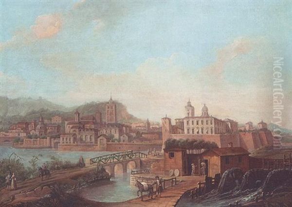 Vue D'une Ville Fluviale Animee Oil Painting by Francesco Battaglioli