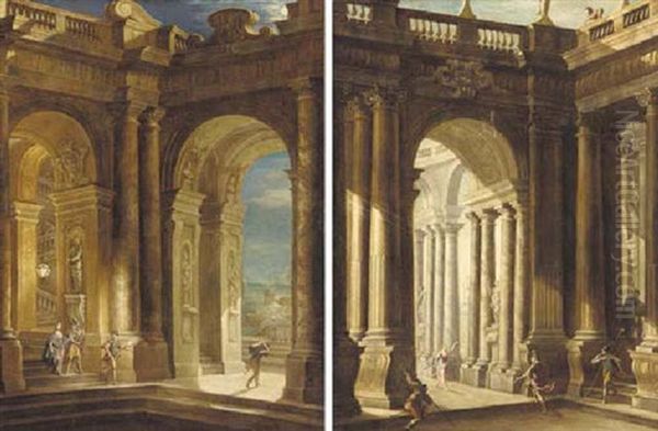 An Architectural Capriccio With Roman Soldiers And Other Figures by Francesco Battaglioli