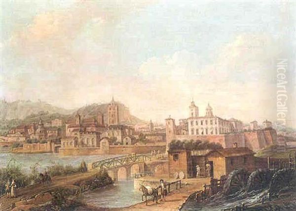 Vue Fantaisiste D'une Ville Italienne Au Bord D'une Riviere Oil Painting by Francesco Battaglioli