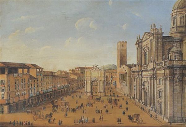 Vista Di Brescia - La Piazza Del Duomo Con Il Duomo Nuovo, Il Broletto E Un Arco Di Trionfo Oil Painting by Francesco Battaglioli