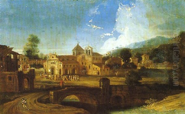 Veduta Di Un Paese Con Processione Davanti Ad Una Chiesa Oil Painting by Francesco Battaglioli