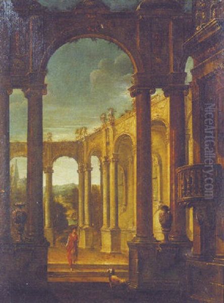 The Courtyard Of A Classical Palace With Ceres And A Dog Oil Painting by Francesco Battaglioli