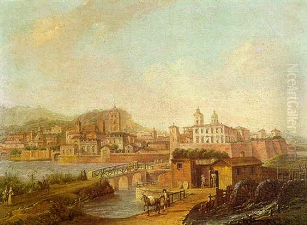 Veduta Di Citta Attraversata Da Un Fiume Oil Painting by Francesco Battaglioli