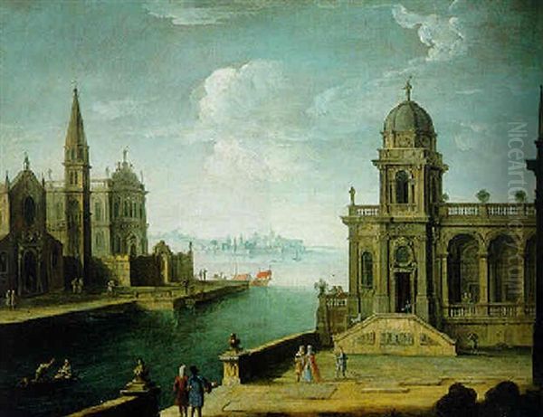 A Capriccio Of A Mediterranean Port With Elegant Figures Promenading Oil Painting by Francesco Battaglioli