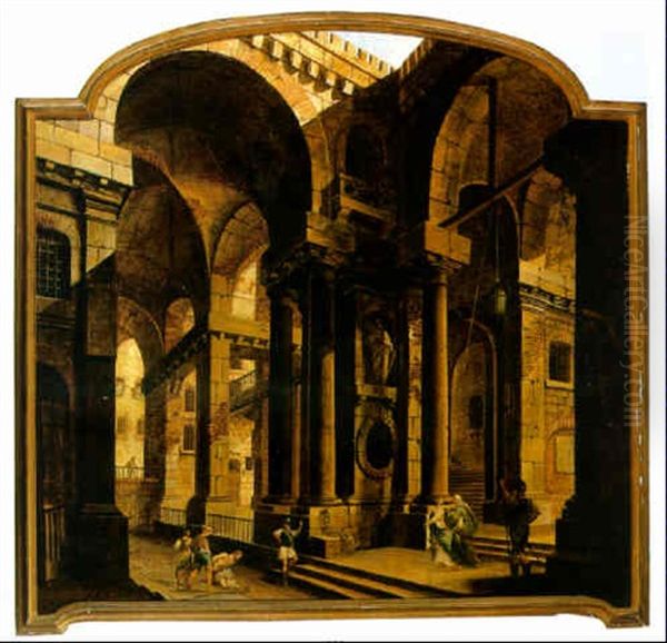 An Achitectural Capriccio With St. John The Baptist Rebuking Herod Oil Painting by Francesco Battaglioli