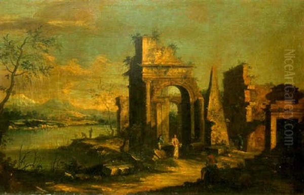 Caprice De Ruines Architecturales Pres D'un Lac Dans La Campagne Venitienne Oil Painting by Francesco Battaglioli