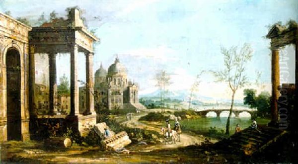 A River Landscape With Classical Ruins, A Capriccio Of Sta. Maria Della Salute, Venice, And Mountains Beyond Oil Painting by Francesco Battaglioli