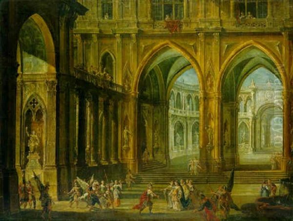 Cappricio Of Gothic Palace Oil Painting by Francesco Battaglioli