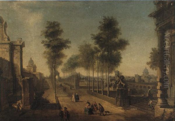 Capriccio Of An Avenue On The Outskirts Of A Town With Elegant Couples Oil Painting by Francesco Battaglioli