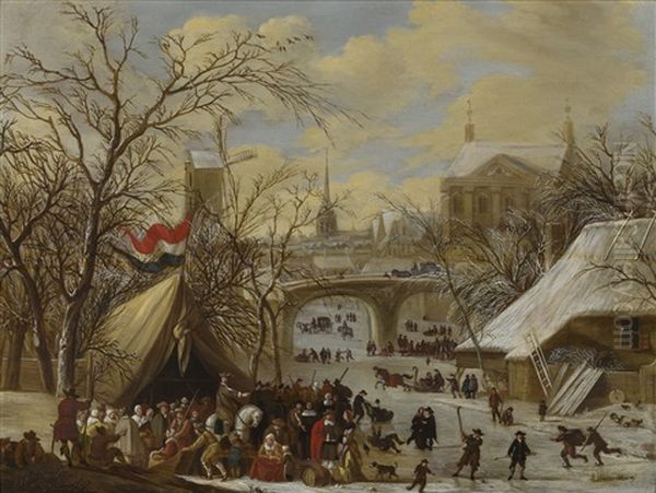 Winter Townscape With A Military Encampment And Figures Skating On The Frozen River Oil Painting by Gerrit (Gerard) Battem