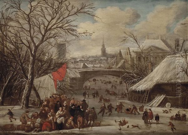 A Town In Winter With Numerous Figures On A Frozen Canal Skating, Sleighing And Conversing Oil Painting by Gerrit (Gerard) Battem