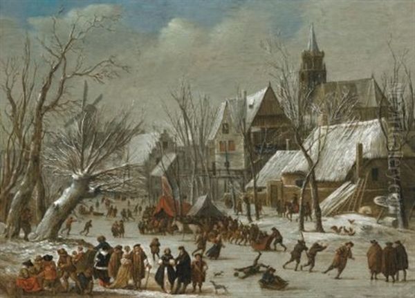 A Winter Landscape With Figures On A Frozen Canal Oil Painting by Gerrit (Gerard) Battem