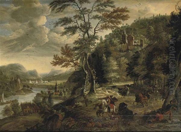 A Mountainous River Landscape With A Cavalry Skirmish Oil Painting by Gerrit (Gerard) Battem