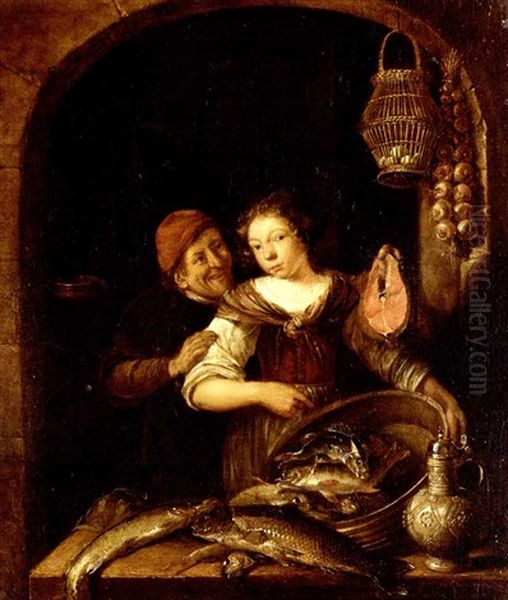 Interior With A Young Kitchen Maid Holding A Large Bowl Of Assorted Fish, Other Fish On A Ledge, With A Tankard, Eggs Hanging In A Basket And A Bunch Of Onions, A Peasant Holding A Large Salmon Steak Oil Painting by Gerrit (Gerard) Battem