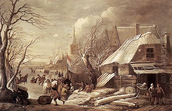 Patineurs Et Personnages Dans Un Paysage De Riviere Gelee Oil Painting by Gerrit (Gerard) Battem