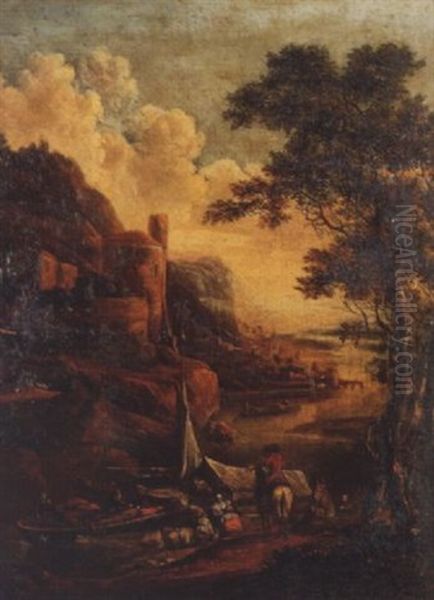 A Mountainous River Landscape With Figures Loading Barges Oil Painting by Gerrit (Gerard) Battem