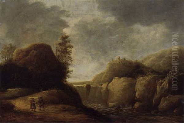 A Mountainous Landscape With Travellers On A Path By A Waterfall Oil Painting by Gerrit (Gerard) Battem