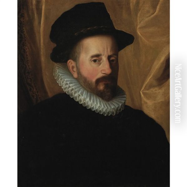 Portrait Of A Gentleman In A Tall Hat And Millstone Ruff Oil Painting by Giovanni Battista