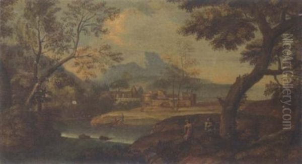 A Wooded River Landscape With Fishermen And Other Figures Oil Painting by Giovanni Battista