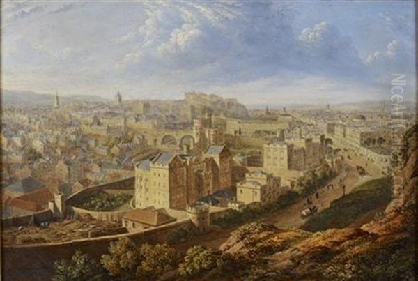 A View Of Edinburgh From Calton Hill (+ Another, Steel Engraving, Verso) Oil Painting by Lieutenant Colonel Robert Batty