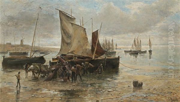 A Group Of Figures Unloading A Boat At The Water's Edge Oil Painting by Jeanna Maria Charlotta Bauck