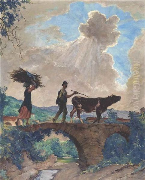 Farmers Crossing A Bridge, Liguria by Francois Charles Baude