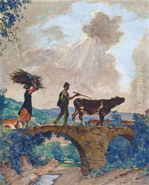 Farmers Crossing A Bridge by Francois Charles Baude