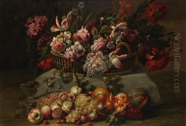 A Basket Of Poppies, Roses Tulips And Other Flowers Oil Painting by Nicolas Baudesson