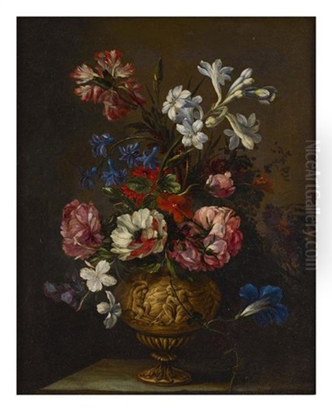 A Still Life Of Roses, Hyacinths, Carnations, And Other Flowers In An Ornamental Vase Depicting The Flaying Of Marsyas Oil Painting by Nicolas Baudesson