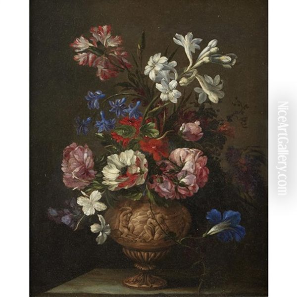 A Still Life Of Roses, Hyacinths And Other Flowers In An Ornamental Vase Depicting The Flaying Of Marsyas Oil Painting by Nicolas Baudesson