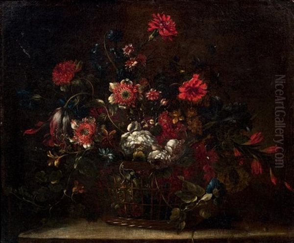 Panier De Fleurs Sur Un Entablement Oil Painting by Nicolas Baudesson