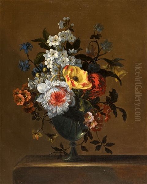 Apfelblutenzweig, Chrysanthemen Und Tulpen In Einer Glasvase Oil Painting by Nicolas Baudesson