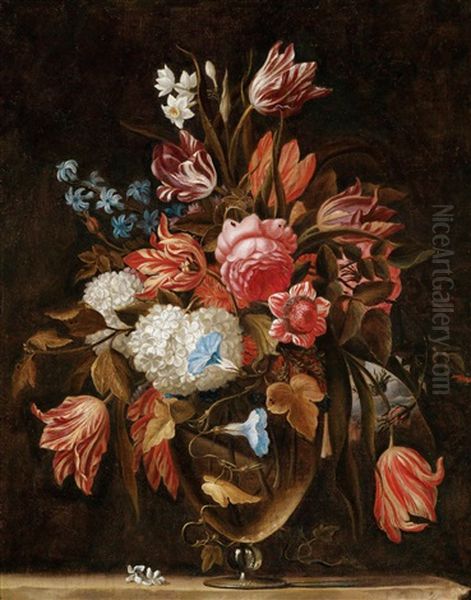 Zwei Blumenbouquets In Kristallvasen Oil Painting by Nicolas Baudesson