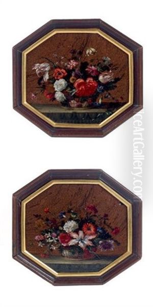 Corbeille De Fleurs Sur Un Entablement (2 Works) Oil Painting by Nicolas Baudesson