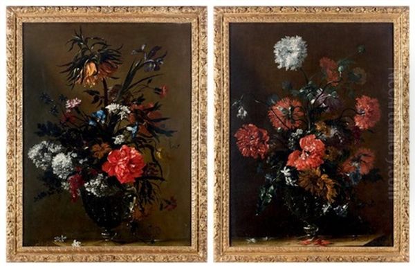 Fleurs Dans Un Vase En Verre Facon De Venise, Sur Un Entablement (pair) Oil Painting by Nicolas Baudesson