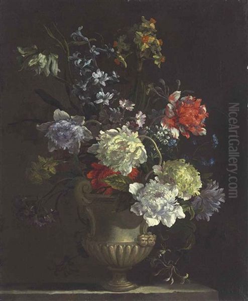 A Morning Glory, Chrysanthemums, Carnations And Other Flowers In An Antique Vase Oil Painting by Nicolas Baudesson