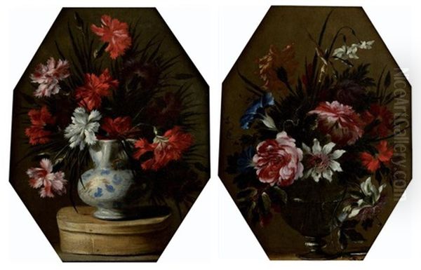 Bouquet D'oeillets Rouges Et Blanc Dans Un Pichet A Bec Verseur Pose Sur Un Entablement Sur Une Boite De Copeaux Et Bouquet De Fleurs Dans Un Vase En Verre Sur Un Entablement (pair) Oil Painting by Nicolas Baudesson