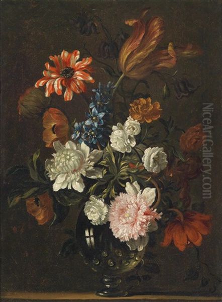 Ein Stillleben Aus Tulpen, Nelken Und Anderen Blumen In Einer Glasvase Oil Painting by Nicolas Baudesson