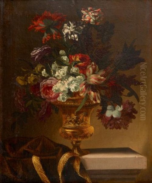 Bouquet De Fleurs Dans Un Vase Pose Sur Un Entablement Oil Painting by Nicolas Baudesson