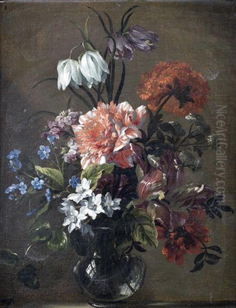 Chrysanthemums, Narcissi, Forget-me-nots And Other Flowers In A Glass Vase Oil Painting by Nicolas Baudesson