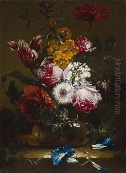 Roses, Tulips, Bindweed And Other Flowers In A Vase by Nicolas Baudesson