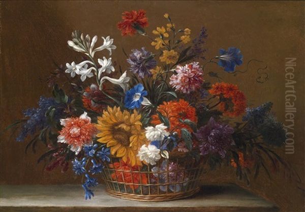 Blumenstillleben In Einem Bastkorb (+ Another, Similar; Pair) Oil Painting by Nicolas Baudesson