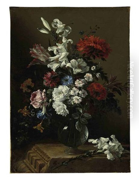 Lilies, Roses, Tulips, Carnations, And Other Flowers In A Glass Vase On A Classical Architectural Fragment Oil Painting by Nicolas Baudesson